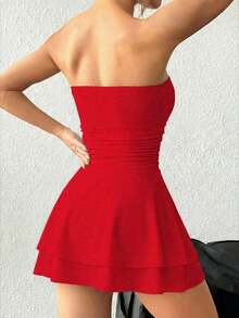 Vestido corto sexy tipo bandeau con estampado de leopardo y falda con volantes en capas - Rojo - Ver 2