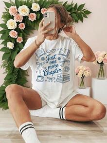 1 Piece "Just One More Chapter" Graphic Print T-Shirt For Book Lovers, Aesthetic, Short Sleeve, Round Neck, Casual, All Seasons, Women's Clothing, 180g 100% Cotton. - 白色 - 查看 7