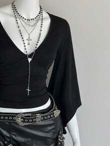 Camiseta ajustada con cuello en V profundo y mangas acampanadas sexy - Negro - Ver 4