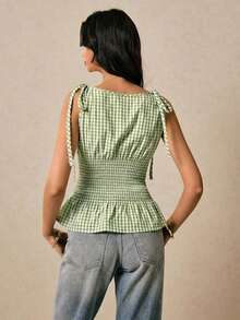 Blusa de cuadros verdes con cuello redondo, cintura con lazo y volantes en el bajo, hombros con lazo, para verano, tops de mujer, tops de verano, tops de concierto, tops de playa, tops con volantes, tops con lazo delantero, tops bohemios, tops de - Verde lima - Ver 6