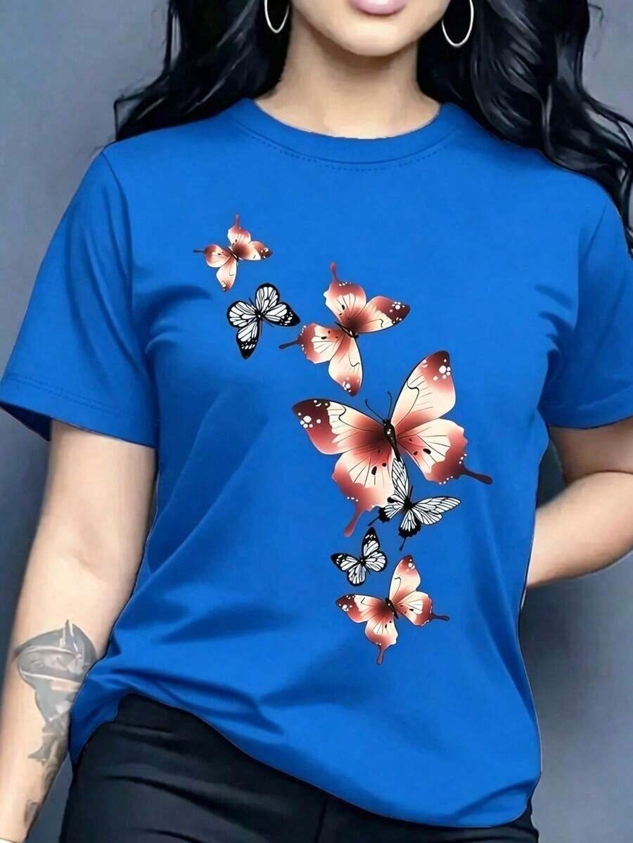 Suave | 1 Playera para Mujer 100% Algodón Transpirable | Camiseta de mujer con estampado de mariposa azul y rosa - Blusa de manga corta con cuello redondo, tela cómoda de estiramiento medio, top casual lavable a máquina para usar, opaca y no transparente para atuendos diarios, ropa de invierno para mujeres, ideal para el verano pattern pattern - Azul - Ver 1