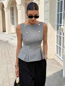 Blusa elegante sin mangas con cintura ceñida para uso diario, verano - Albaricoque 2 - Ver 7