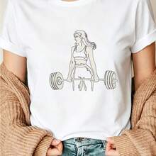 Weightlifter Print T-Shirt, Women's Casual Short Sleeve Crew Neck T-Shirt, Ideal For Daily Wear, Casual Outings, Holiday Gift, Pixianai01, Short Sleeve Crew Neck Top, Suitable For All Seasons, Casual And Versatile. - 白色 - 查看 6
