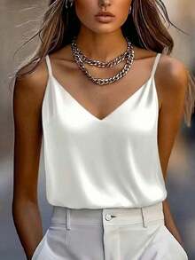 1 pieza Camiseta de satén sin mangas de verano para mujer, elegante top sin espalda de moda, adecuado para verano, citas por la noche, oficina, vacaciones, uso casual diario - Blanco - Ver 5