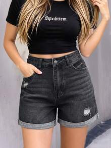 Mid-Waist Fringe Ripped Denim Shorts, Casual Straight Leg Jean Shorts For Women - Black - View 5