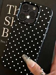 1 Semplice custodia per telefono in TPU anti-caduta, compatibile con iPhone 16, 15, 14, 13, 12, 11 Pro Max, 17, 17 Pro, 17 Pro Max, con texture in pelle di lychee, motivo a pois beige su tutto lo schermo, design personalizzato, antiscivolo - Sfondo nero con puntini bianchi - Visualizzare 3