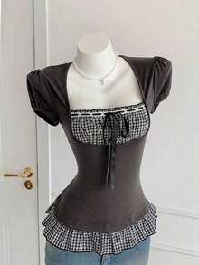 Blusa de verano elegante con volantes en el bajo, estampado de flores diminutas y parches - Gris Oscuro - Ver 6
