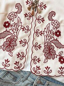 Chaleco ligero de mujer con bordado floral y de loro, chaleco bohemio, chaleco floral, estilo casual de mujer, atuendo para salir, atuendos elegantes, estilo campestre para mujer, atuendos casuales, chaleco elegante - Rojo y blanco - Ver 5