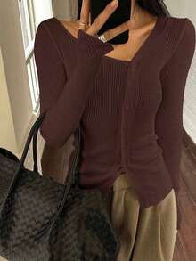 Blusa casual de mujer de punto acanalado con botones y manga corta - Marrón Chocolate - Ver 6
