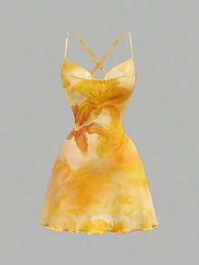 Vestido mini con cuello drapeado con estampado floral de hibisco naranja y amarillo en estilo retro vacacional elegante para mujer - Salidas, playa, bodas, cumpleaños, fiestas, chic, festival occidental, chica de isla vintage, vacaciones en la , - Multicolor 4 - Ver 5