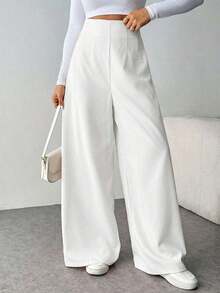 Pantalones anchos de cintura alta con textura, de moda minimalista y casual, ideales para volver al colegio - Blanco - Ver 4