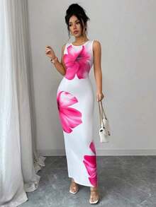 Vestido largo de mujer de vestido de escote con estampado de teñido anudado, vestido de verano largo, vestido largo verde maxi para outfit de mujer - Blanco - Ver 4