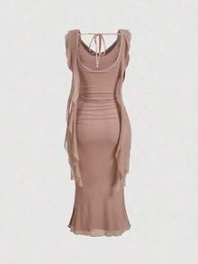 Vestido midi para mujer con escote profundo, cinturón y panel de malla, color rojo - Rosa vieja - Ver 2