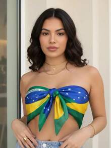 Women's Multifunctional Scarf With Brazilian Flag Print, Soft Satin | 90x90cm | Look - màu xanh lá - Xem 5
