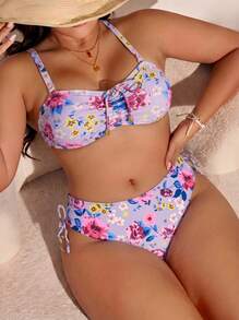 Bikini mujer floral 2 piezas copa horizontal  sin aro con relleno extraíble y tirantes ajustables  Bohemio    Anilla    Vacación  Playa - Morado - Ver 1