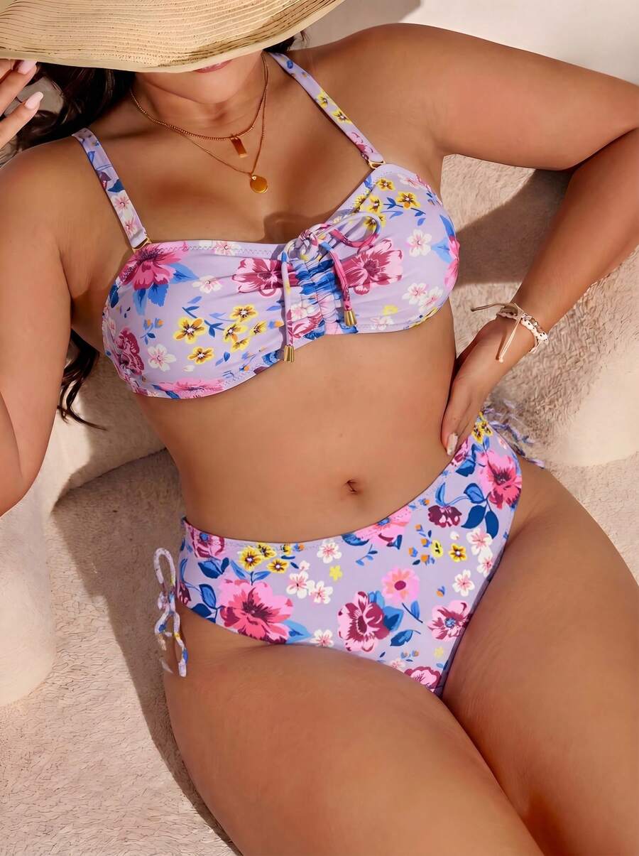 Bikini mujer floral 2 piezas copa horizontal  sin aro con relleno extraíble y tirantes ajustables  Bohemio    Anilla    Vacación  Playa - Morado - Ver 1