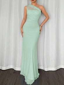 xheFirerie Vestido maxi ajustado de estilo elegante y romántico, con cuello asimétrico, adecuado para fiesta, vacaciones en la playa, vuelta al colegio, citas románticas, temporada de bodas, cumpleaños, Pascua, primavera/veranoxhe - Agua verde azul - Ver 3
