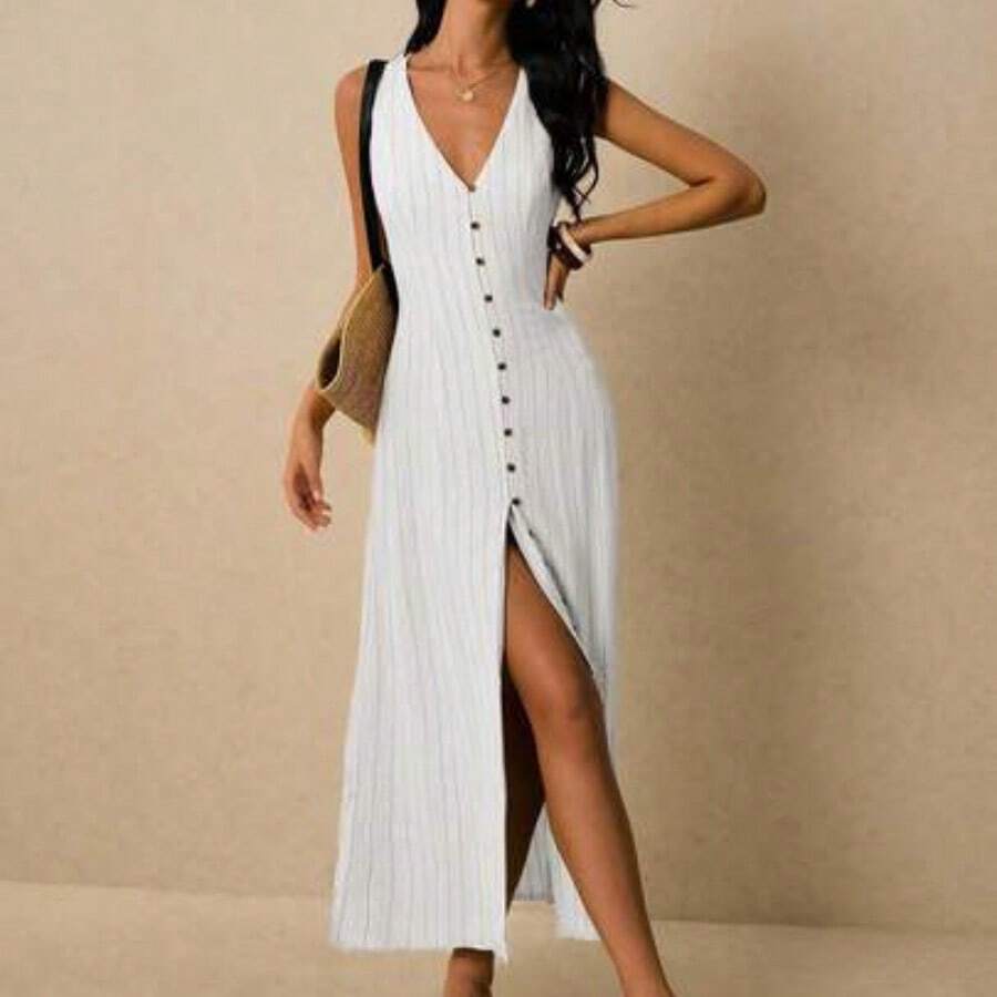 Women's Dresses Linen Dresses Tie Back Waist Button Placket Striped Dress Vest Dress Boho Holiday Women's Sleeveless Striped Dress Casual Vacation Y2k Clothes Country Concert Outfit Old Money Streetwear Going Out Outfits Vintage - Blanco - Ver 1