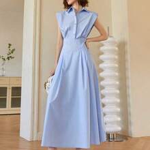 Women's Solid Color Sleeveless Elegant Midi Dress, Collared Dress Elegant Old Money Style, Spring/Summer Dress, Summer Outfits For Women, Graduation, Prom, Business Casual Black - Caqui - Ver 4