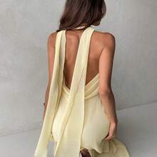 Women's Yellow Draped Neck A-Line Flowy Tie Back Dress,Summer Dresses For Women - Rosa Pálido - Ver 5