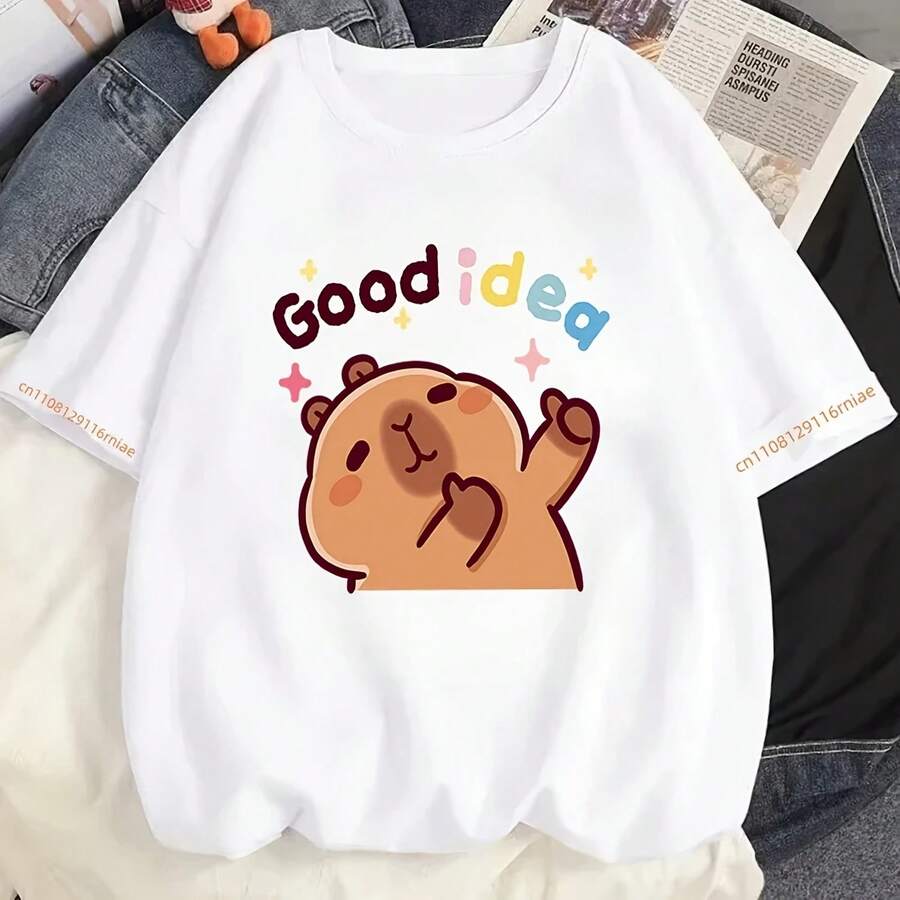 Camiseta de manga corta de algodón puro con estampado pequeño de capibara de estilo básico para niños y niñas de uso general para el verano 2026 - forma - Ver 1
