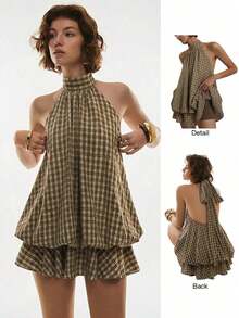 Vestido corto de verano para mujer con cuello halter, espalda descubierta y volantes con estampado de cuadros - Marrón - Ver 1