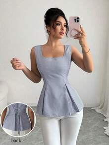 Camisa sin mangas elegante con cuello cuadrado, cintura atada y rayas para el verano 2025 - Negro 2 - Ver 7