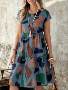 Vestido de mujer de manga corta con cuello redondo y estampado geométrico de verano - Multicolor - Ver 1