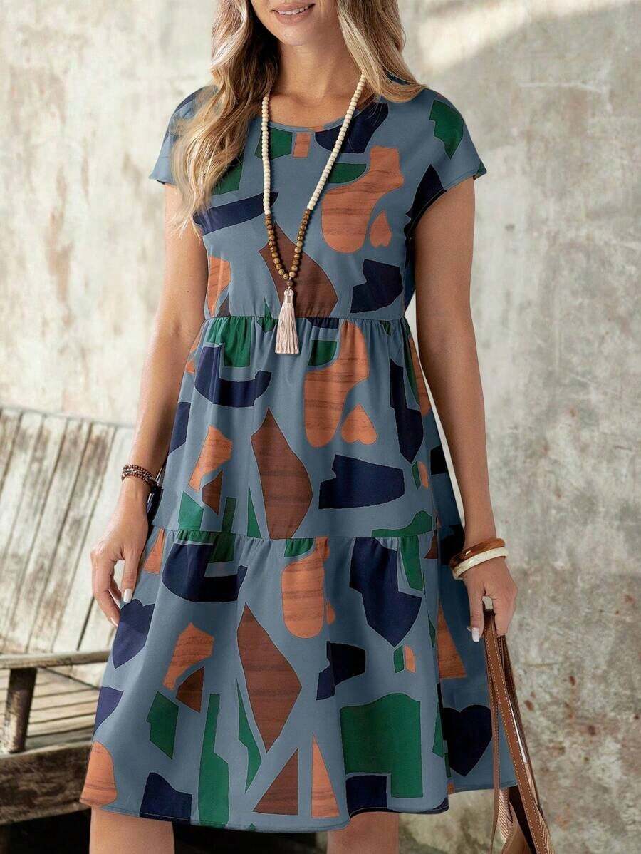 Vestido de mujer de manga corta con cuello redondo y estampado geométrico de verano - Multicolor - Ver 1