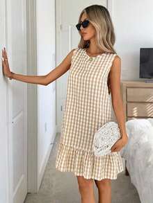 Vestido de verano estilo bohemio con cuello redondo sin mangas y corte evasé a dos colores a cuadros, vestido esencial para vacaciones y uso diario al aire libre - Caqui - Ver 2