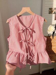 Blusa de rayas y estampado sin mangas para uso diario sencilla, tops sin mangas - Rojo - Ver 8