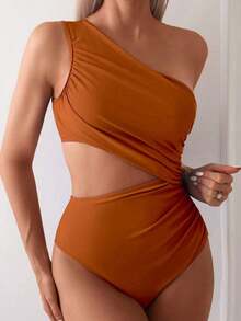 Swim 1 pieza Traje de baño de una pieza para mujer con diseño calado y fruncido en color liso - Bronce - Ver 6