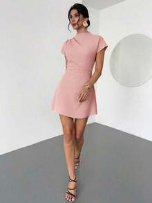 Vestido mini de línea A con cintura fruncida de unicolor, estilo de oficina para el verano - Rosa vieja - Ver 7