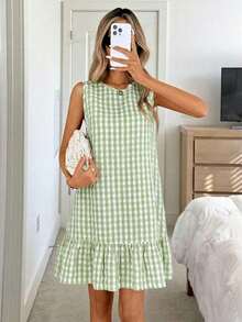 Vestido de verano estilo bohemio con cuello redondo sin mangas y corte evasé a dos colores a cuadros, vestido esencial para vacaciones y uso diario al aire libre - Multicolor 3 - Ver 6
