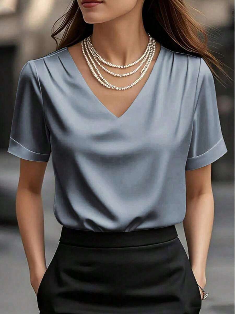 1 pieza Blusa de mujer de unicolor de satén con cuello en V y manga corta, elegante y de moda para uso diario, oficina, hogar, citas, primavera/verano, color negro casual - Gris - Ver 1