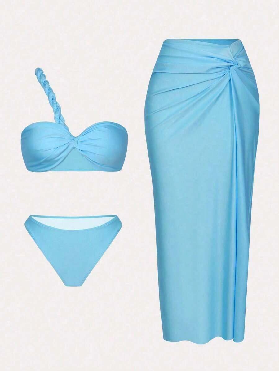 Swim Oasis Set de 3 piezas de nuevo conjunto de verano de unicolor: top sin espalda con nudo en el hombro, Bottom de bikini y vestido de playa con abertura y nudo - Celeste - Ver 1