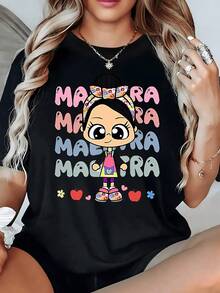 Figura colorida de una maestra alegre con lazos florales zapatillas decoradas y manzanas simbolizando cari?o educación y creatividad camiseta de mujer casual cómoda para uso diario - Negro - Ver 8