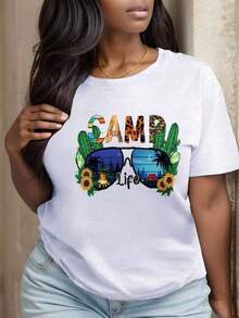 Camiseta de mujer con cuello redondo estamp, atuendo de festival de fiesta con gafas de sol de vida de campamento, cactus y girasoles - Blanco - Ver 2