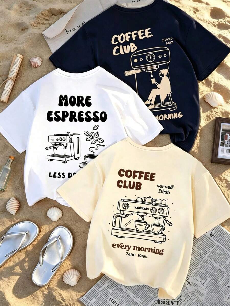 Set Prenda individual, no un conjunto de 3 piezas, 1 piezas/set de camisetas de manga suitable for streetwear, Top oversized cuello redondo daily outings, camping, concerts, hip-hop, rock, and rap events camisetas de manga corta con cuello redondo, estampado gráfico de letras de café, de estilo minimalista y de moda para el verano, versátiles y casuales para mujer - Blanco - Ver 1