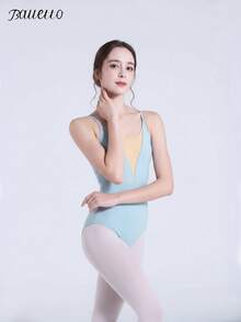 balletto Justaucorps de danse de ballet pour adultes pour femmes, décolleté en V profond, patchwork, combinaison de gymnastique et de yoga, tenue de sport - Bleu ciel - Voir 4