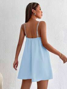 Vestido minifalda camiseta de unicolor minimalista y casual sin espalda - Celeste - Ver 2