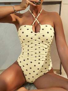 Traje de baño de una pieza con volantes y lunares negros para mujer, ideal para vacaciones en la playa, de la marca Swim Chiccia, sexy y con lazo. - Azul cielo - Ver 8