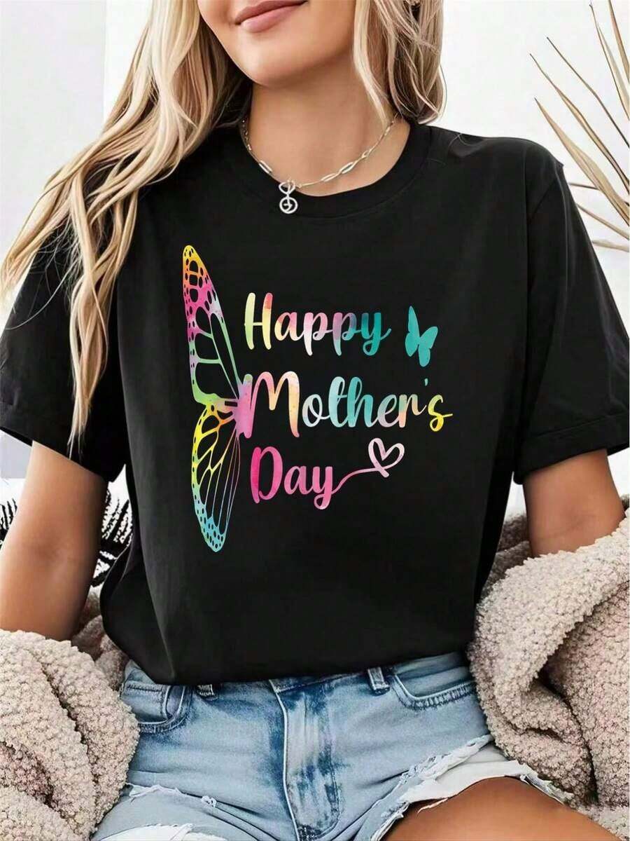 Camiseta 100% Algodón Puro con Estampado Divertido para el Día de la Madre, Regalo para Mamá, Estilos Cómodos y Acogedores para el Verano, Adecuada para el Uso Diario Casual de Mujeres, Ideal para primavera, verano y otoño. - Negro - Ver 1