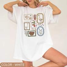 Camiseta de Mujer con Estampado de Ilustraciones de Campo (Gansos, Tetera y Fresas) - Estilo Cottagecore, para Primavera y Otoño - Blanco - Ver 6