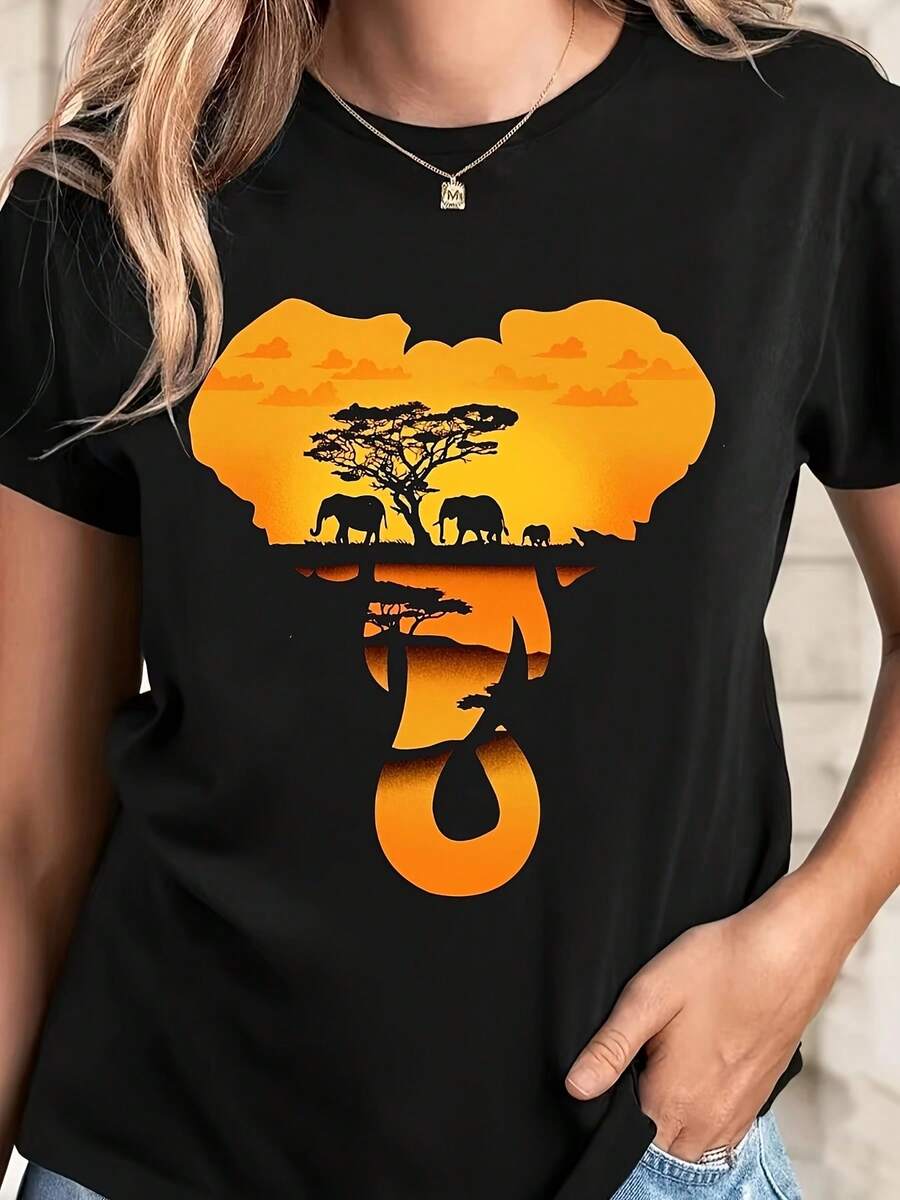 Women's Casual Round Neck Short Sleeve Printed T-Shirt | Versatile Printed T-Shirt For Spring And Summer, Machine Washable, 95% Polyester, 5% Spandex, Regular Length. Everyday Wear For Sweet Girls Or Students, Cool And Sweat-Free Summer Clothing, Elegant Party Outfit, T-Shirt For Elegant Ladies, Blouses Suitable For Curvy Women. - 黑色 - 查看 1