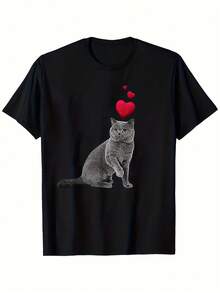 Camiseta de Gato Británico de Pelo Corto, Cuello Redondo Casual, Para Todas las Temporadas, con Detalle en Forma de Corazón, Apta para Adultos, 1 Pieza - Negro - Ver 1