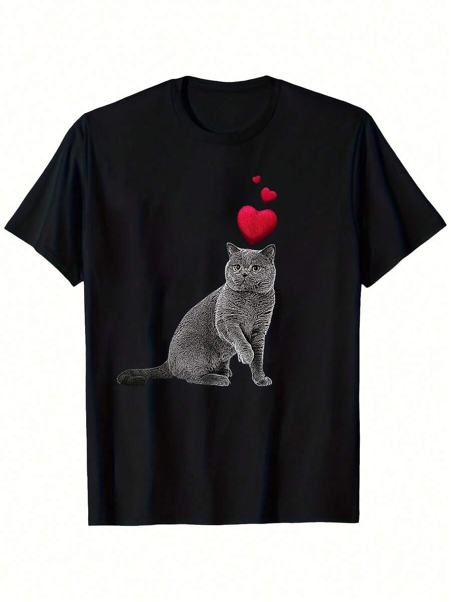 Camiseta de Gato Británico de Pelo Corto, Cuello Redondo Casual, Para Todas las Temporadas, con Detalle en Forma de Corazón, Apta para Adultos, 1 Pieza - Negro - Ver 1