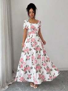 YHHSHEIN Elenzya Vestido midi de manga corta con estampado de rosas rojas sobre base blanca, elegante y versátil para uso diario, vacaciones, citas, San Valentín, estilo francés retro, fiestas y primavera temprana/primavera-veranoYHH - Rosa - Ver 5