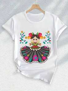 1pscCamiseta Estampada de Estilo Mexicano para Mujeres - Patrones Florales y de Arte Popular Vibrantes, Top de Manga Corta Transpirable con Cuello Redondo, Estilo Casual de Verano de Ajuste Regular, Lavable a Máquina, Tela Medio Elástica100% Cotton - Blanco - Ver 2