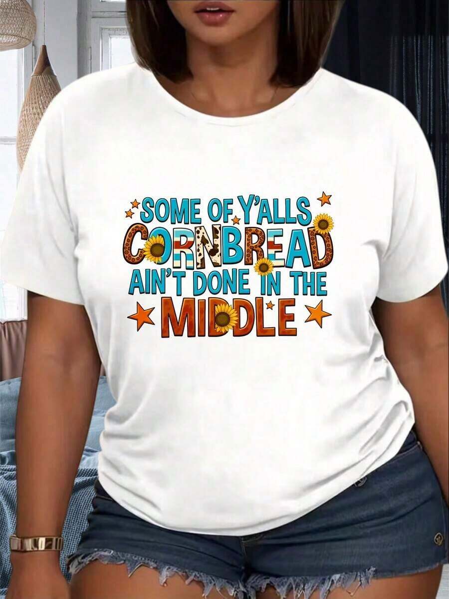 1 Piece T-Shirt With "Some Of You Don't Finish Half The Cornbread" Print For Party, 220g, 100% Cotton, Women's Warm Clothing - 白色 - 查看 1